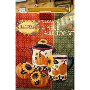 Harvest Vtg Open Box New 4 pc Ceramic Salt/Pepper Sugar Creamer Spoon Set